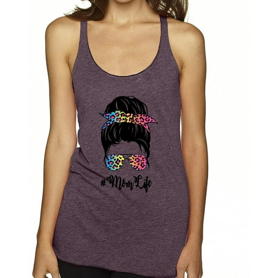 Mom Life Messy Hair Bun | Tie Dye Leopard Print Bandana | Funny Mother's Day Mother's Day Tri-Blend Racerback Sleeveless Top, Purple Vintage, XL
