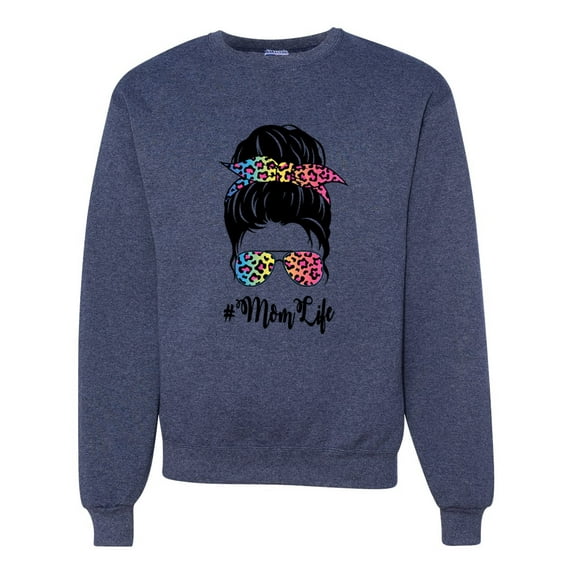 Mom Life Messy Hair Bun | Tie Dye Leopard Print Bandana | Funny Mother's Day Mother's Day Unisex Crewneck Sweatshirt, Vintage Heather Navy, 2XL
