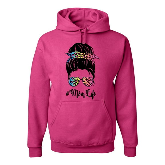 Mom Life Messy Hair Bun | Tie Dye Leopard Print Bandana | Funny Mother's Day Mother's Day Unisex Hoodie Sweatshirt, Fuschia, L