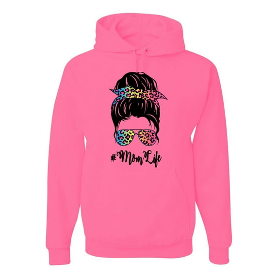 Mom Life Messy Hair Bun | Tie Dye Leopard Print Bandana | Funny Mother's Day Mother's Day Unisex Hoodie Sweatshirt, Neon Pink, M