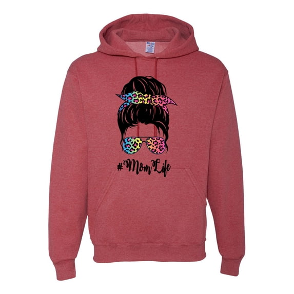 Mom Life Messy Hair Bun | Tie Dye Leopard Print Bandana | Funny Mother's Day Mother's Day Unisex Hoodie Sweatshirt, Vintage Heather Red, XL