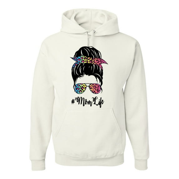 Mom Life Messy Hair Bun | Tie Dye Leopard Print Bandana | Funny Mother's Day Mother's Day Unisex Hoodie Sweatshirt, White, L