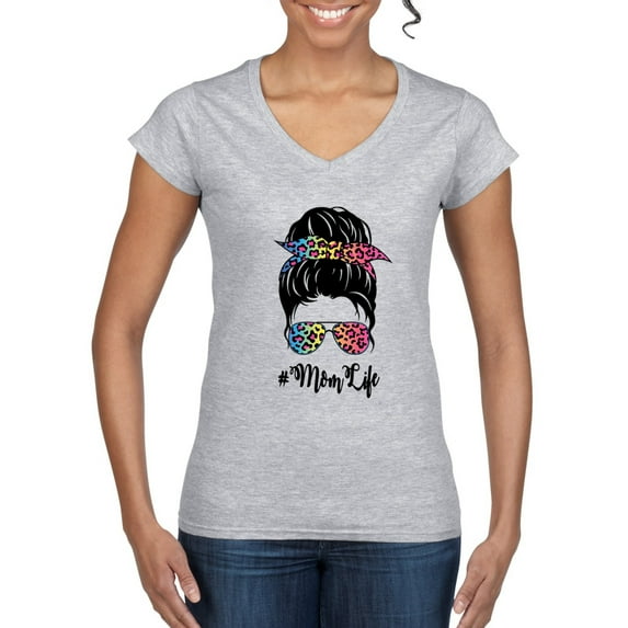 Mom Life Messy Hair Bun | Tie Dye Leopard Print Bandana | Funny Mother's Day Mother's Day Women’s Standard V-Neck Tee, Heather Grey, XL