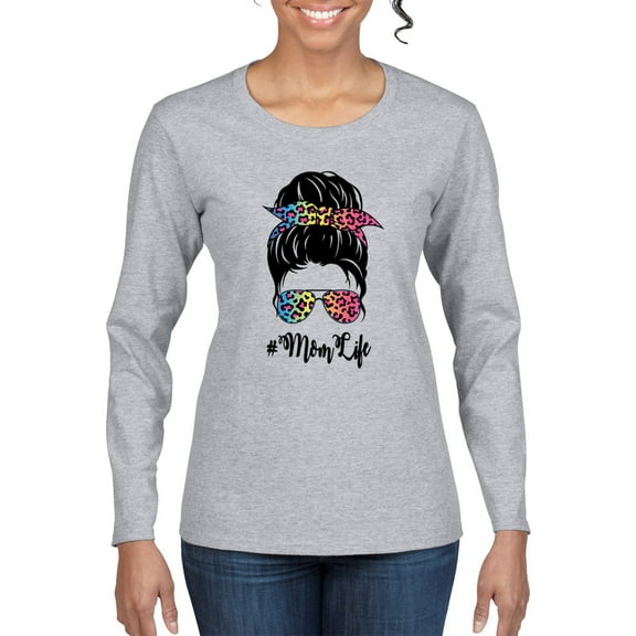Mom Life Messy Hair Bun | Tie Dye Leopard Print Bandana | Funny Mother's Day Mother's Day Womens Long Sleeve T-Shirt, Heather Grey, M