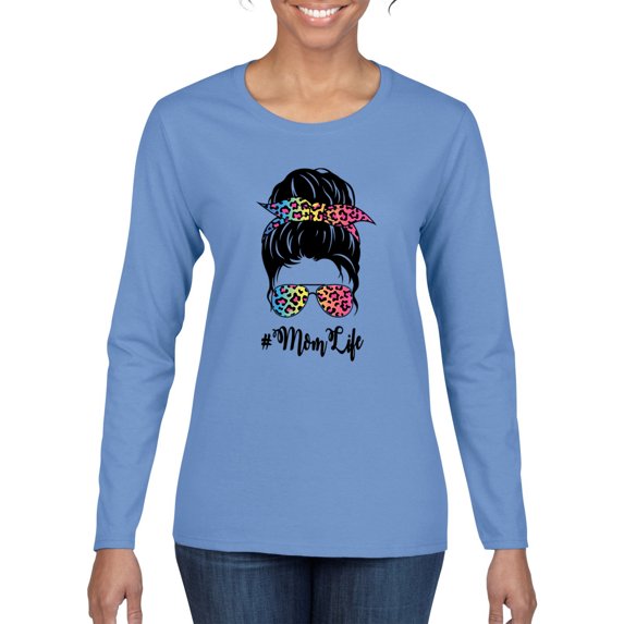 Mom Life Messy Hair Bun | Tie Dye Leopard Print Bandana | Funny Mother's Day Mother's Day Womens Long Sleeve T-Shirt, Light Blue, 2XL
