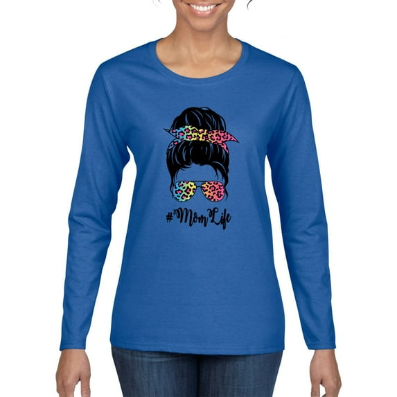 Mom Life Messy Hair Bun | Tie Dye Leopard Print Bandana | Funny Mother's Day Mother's Day Womens Long Sleeve T-Shirt, Royal, 2XL