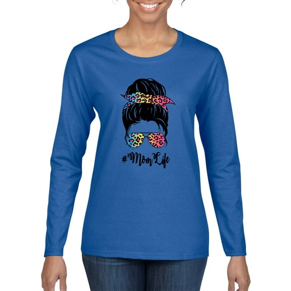 Mom Life Messy Hair Bun | Tie Dye Leopard Print Bandana | Funny Mother's Day Mother's Day Womens Long Sleeve T-Shirt, Royal, 2XL