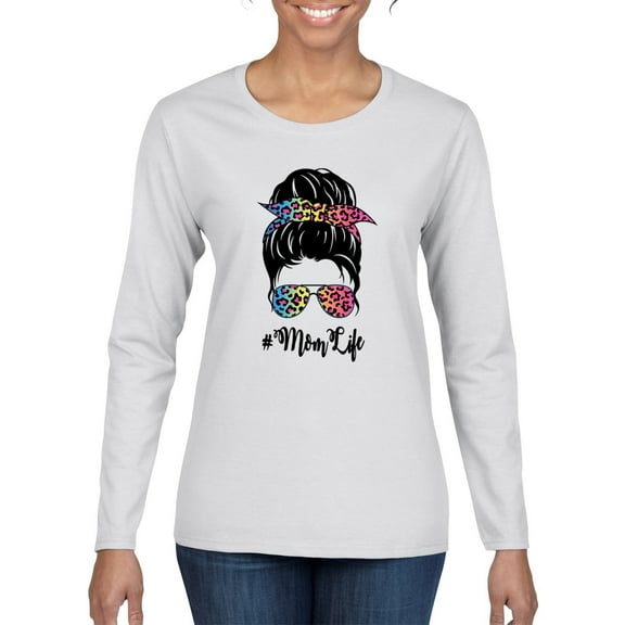 Mom Life Messy Hair Bun | Tie Dye Leopard Print Bandana | Funny Mother's Day Mother's Day Womens Long Sleeve T-Shirt, White, M