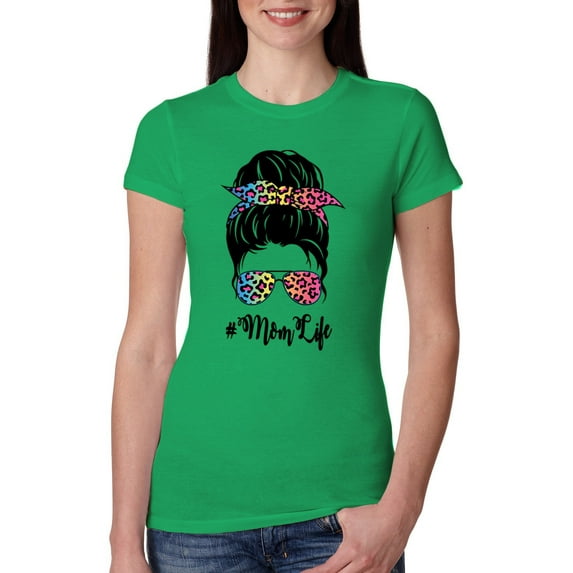 Mom Life Messy Hair Bun | Tie Dye Leopard Print Bandana | Funny Mother's Day Mother's Day Womens Slim Fit Junior Tee, Kelly, 2XL