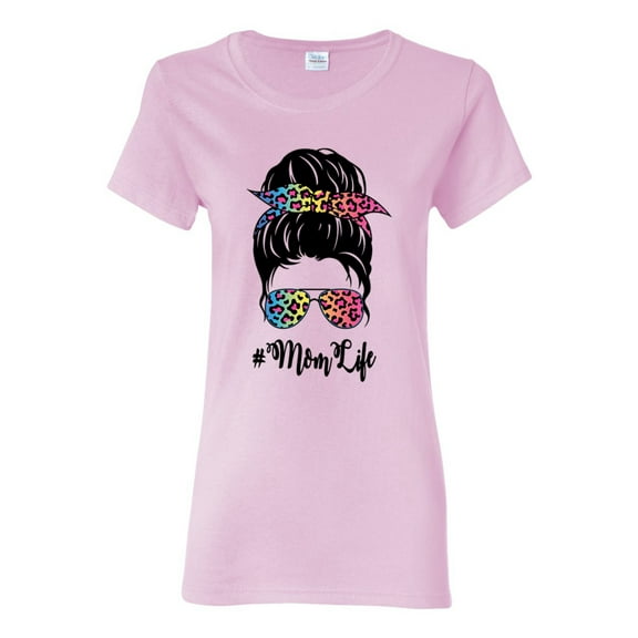 Mom Life Messy Hair Bun | Tie Dye Leopard Print Bandana | Funny Mother's Day Mother's Day Womens T-Shirt, Light Pink, S