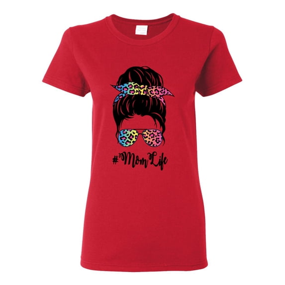 Mom Life Messy Hair Bun | Tie Dye Leopard Print Bandana | Funny Mother's Day Mother's Day Womens T-Shirt, Red, S