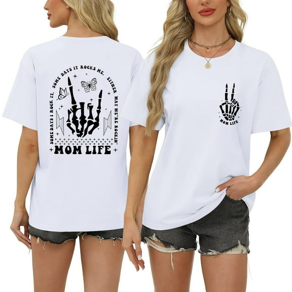 Mom Life Shirts for Women Funny Oversized Mama Tshirt Skeleton Graphic Tees Vintage Casual Short Sleeve T-Shirts Tops