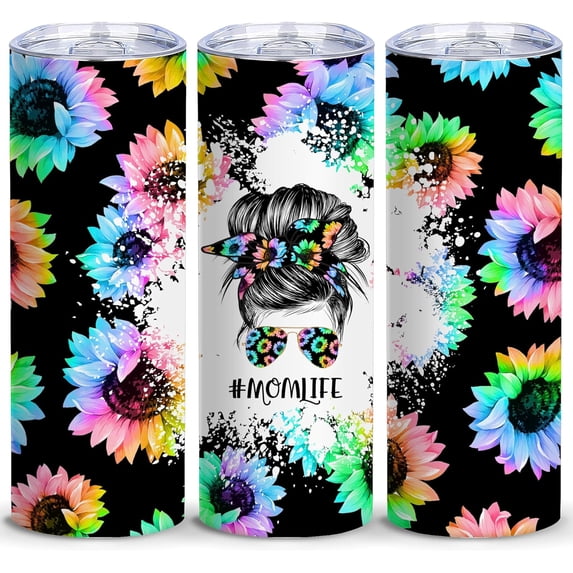 Mom Life Skinny Tumbler with Straw and Lid,20 Oz Rainbow Insulated Stainless Steel,Mama Tea Travel Mug Water Bottle for Women,Funny Birthday Gift for Mother,Polychrome Sunflowers