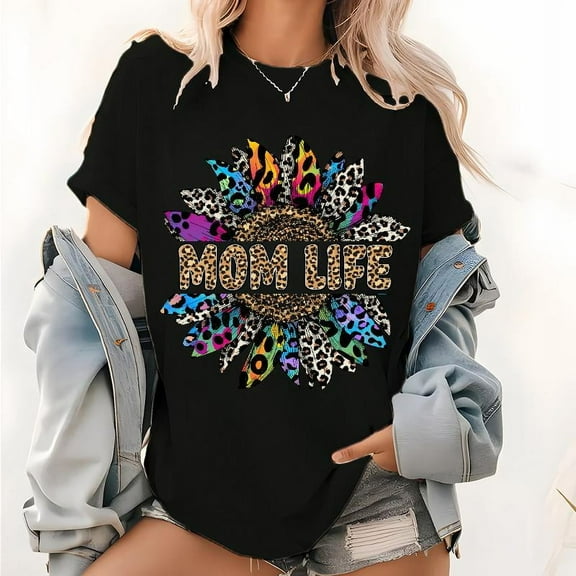Mom Life Sunflower Pattern Tops for Womens Sunflower Graphic Tees Mom Life Gift for Mom Tops Daily Outfits Black,S
