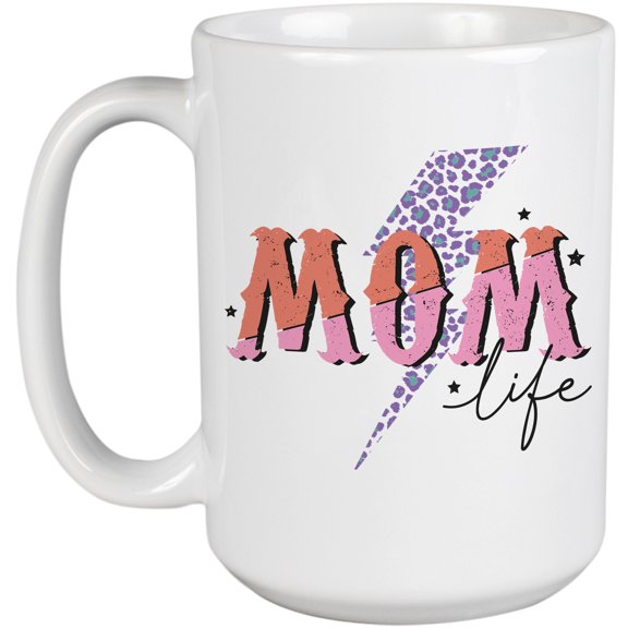 Mom Life with Leopard Print Lightning, Mother's Day Art Merch Gift, White 15oz Ceramic Mug