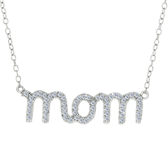 Mom Logo And CZ Necklace In Sterling Silver, 18