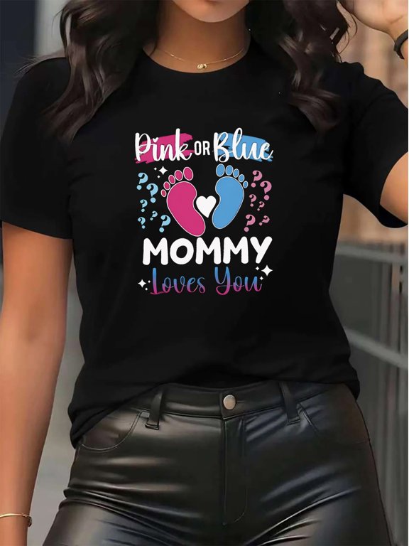 Mom Loves You Print Short Sleeve Tee Living Room Casual Pink Blue Top