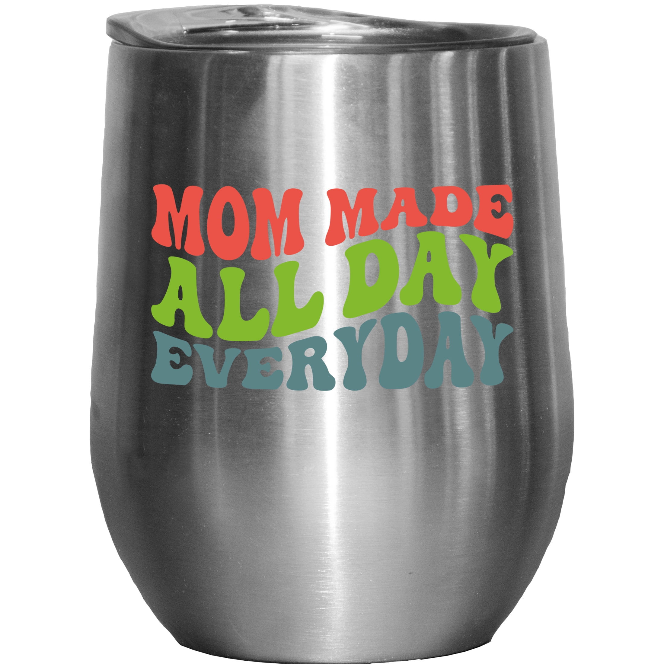 Mom Made All Day Every Day, Groovy Retro Wavy Text Merch Gift, Stainless Steel 12oz Wine Tumbler ...