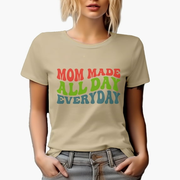 Mom Made All Day Every Day, Groovy Retro Wavy Text Merch Gift, Tan T-Shirt, Large