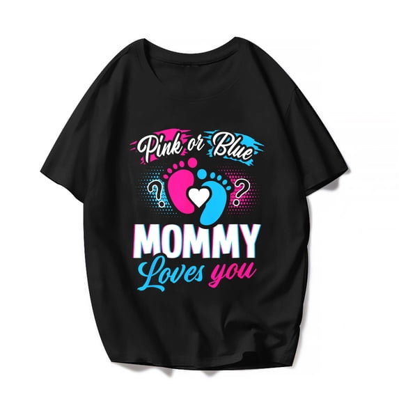 Mom Mama Gender Reveal Party Shower T-Shirt Tops Pink Or Blue Mommy Loves You Baby Graphics Women Casual Shirts Gift Tee Black XX-Large