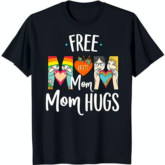 Mom Mom Hugs Black T-Shirt with Colorful Heart Holding Cartoon Figures