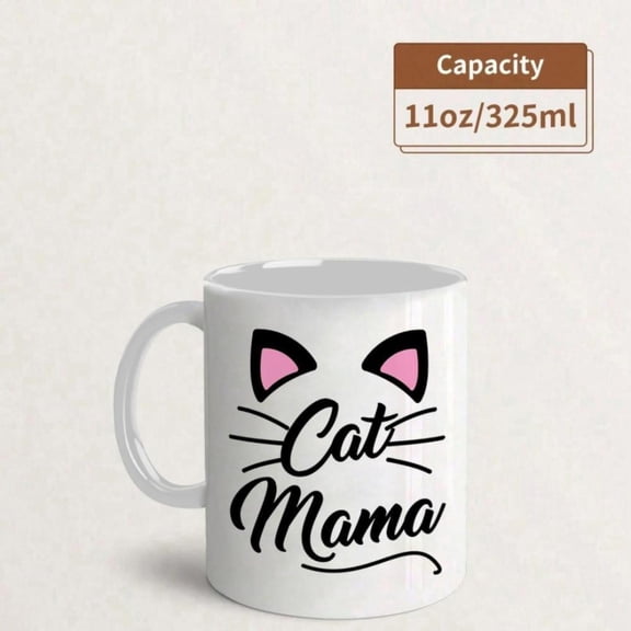 Mom Mug Pink Eared Face Cat Mama Cursive Lettering Coffee Cup with Black White Ears Hand Wash Only Birthday Holiday Drinkware Tea Hot Cold Beverages
