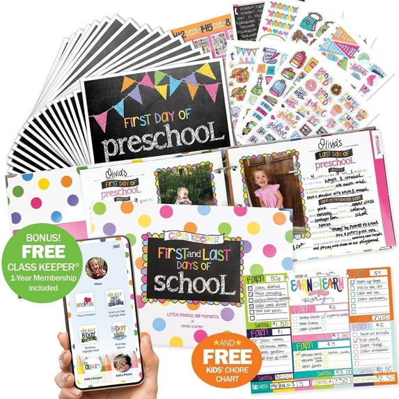 Mom Must-Have School Keepsake Kit | Class Keeper®, Photo Prop Deck & School Stickers | BONUS! App Membership + BONUS! Earn & Learn® Chore Chart Pad | Pastel Flags