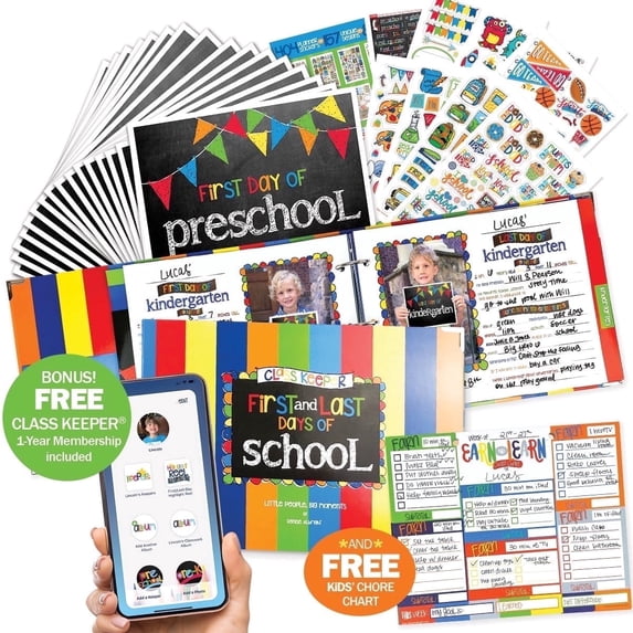 Mom Must-Have School Keepsake Kit | Class Keeper®, First and Last Day of School Signs, Stickers, App Membership and Earn & Learn® Chore Chart Pad | Pastel Flags