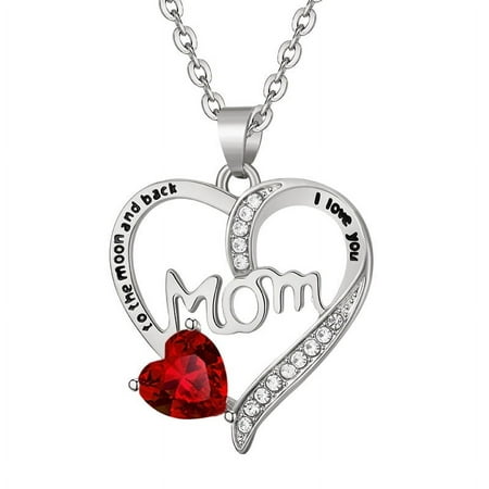 Mom Necklace I Love You Mom Gifts Mother's Day Gifts 925 Sterling Silver Necklace Birthstone Necklace for Mom Birthday Gifts for Mom Gifts from Daughters Son Gifts For Women LK01(S-Red)