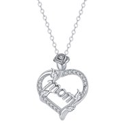 Mom Necklace for Women - White Gold Plated Rose Heart Pendant Necklace with Cubic Zirconia, Mother's Day Jewelry Gifts for Mom Wife Grandma