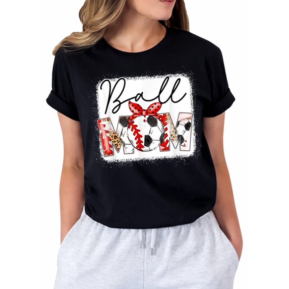 Mom of Both Heart Soccer Baseball Sports Graphic T-Shirt for Women, Casual Short Sleeve Crew Neck Tee