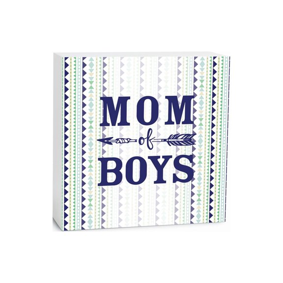 Mom Of Boys Blue Multi Stripes Arrow 5 x 5 Wood Tabletop Sign Plaque