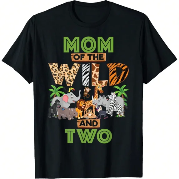 Mom Of The Wild And Two Safari Animal Print Graphic Tee Unisex Family Reunion Birthday Gift Cotton Men's Women's Tee Shirt