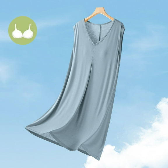 Mom Pajamas for Women Cotton,Sriper Womens Summer Pajamas with Built In Bra,Sleeveless Sleeve V Neck Comfy Tank Dresses,Soft Pjs Sleepwear Loungewear,Ropa De Dormir Para Mujer,Light Blue L