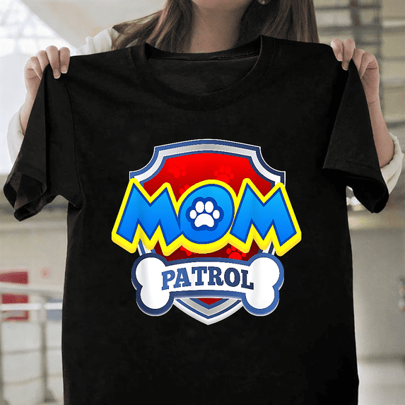 Mom Patrol Dog Birthday Party Funny Canine Graphic Unisex T-Shirt, up to size 3XL.