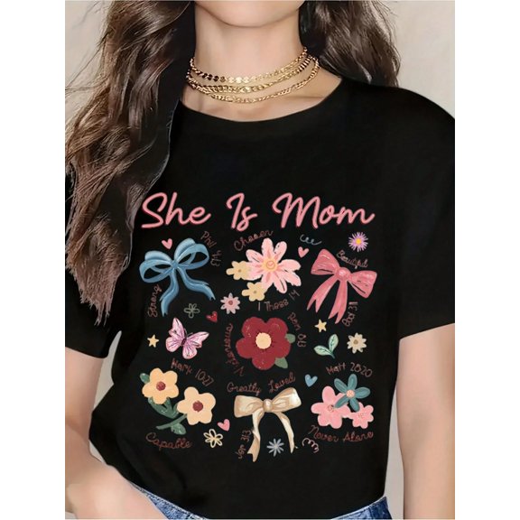 She Is Mom Personalized T-Shirt With Flowers And Bows, Custom Name And Birthday Design For Mother's Day, Birthday Gift For Mom, Women's Casual Crewneck Tee, Perfect For Mothers