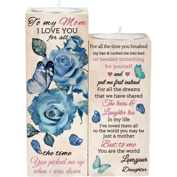 to My Mom Personalized Tealight Candle Holder Blue Rose Pattern Wooden Tealight Candle Holder I Love You Gifts Rectangle Candlestick Holders Set with Tealights