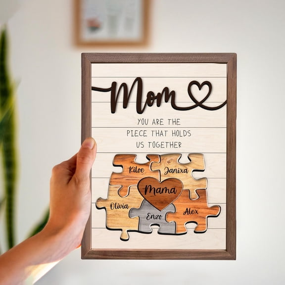Mom Puzzle Sign Mother's Day Gift from Kids, Custom Engraved Wood Sign Piece That Holds Us Together, Grandma Gift Personalized Unique 8x10 inches