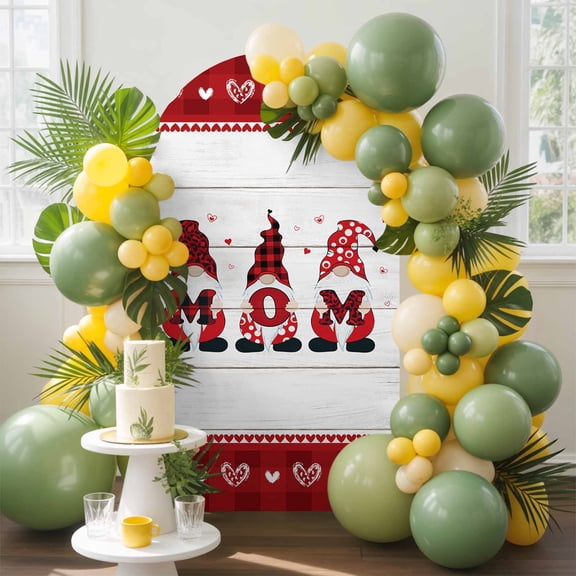 Mom Red Arch Backdrop Cover, 6FT, Gnomes Wood Texture Background Spandex Arch Covers Double-Sided Backdrop for Wedding Birthday Party Photo Background Decoration
