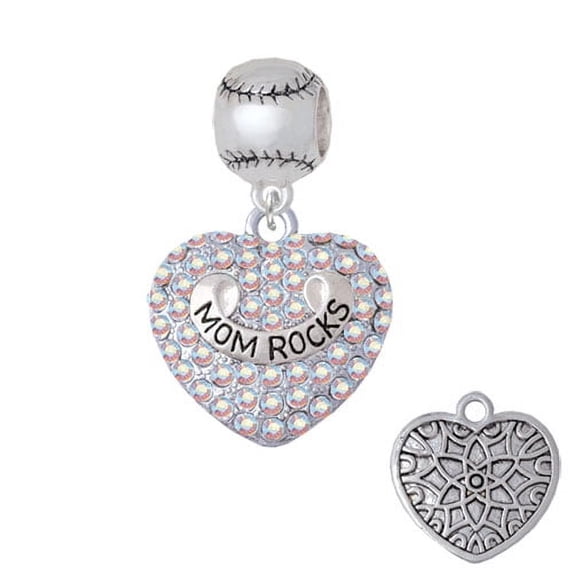 Mom Rocks on AB Crystal Heart - Softball Charm Bead