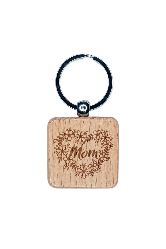 Mom Script in Flower Heart Wreath Mother's Day Birthday Square Keychain Charm Tag - Engraved Wood