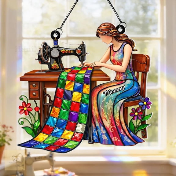Mom Sewing Colorful Quilt Suncatcher Acrylic Window Hanging Decor Gift for Sewing Lovers
