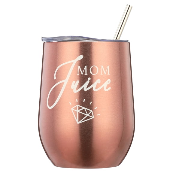 Mom Stainless Steel Wine Tumbler - 12oz with Steel Straw, BPA Free Lid, & Straw Cleaning Brush - Stemless Insulated Wine Tumbler with Lid - Gift for Mothers who Love Coffee, Tea - Mom Juice