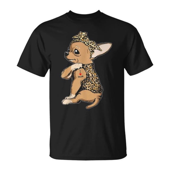 Mom Tattoo Chihuahua Graphic Tee + Unisex Adult Cotton T-Shirt with Bandana Dog Design, Perfect Gift for Dog Moms and Pet Lovers, Comfortable Casual Wear, Size S, Color Black