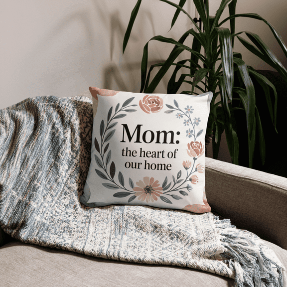 “Mom: The Heart of Our Home” Floral 18x18 Throw Pillow – Elegant Watercolor Mother’s Day Accent Cushion