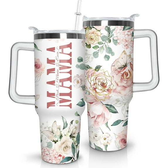 Mom Tumbler Beat Mom Ever Pink Floral Tumblers with Handle and Straw Stainless Steel Insulated Mama Coffee Cup Mug Mama Gifts for Mom Mama Mother