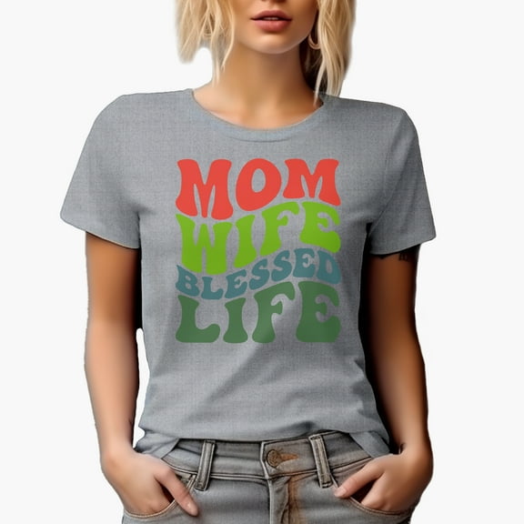 Mom, Wife, Blessed, Groovy Retro Wavy Text Merch Gift, Heather Grey T-Shirt, Small