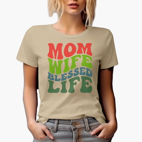 Mom, Wife, Blessed, Groovy Retro Wavy Text Merch Gift, Tan T-Shirt, Small