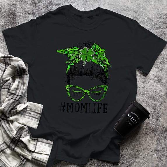 Mom Women Messy Bun St Patrick's Day Shamrock (3), Small, Black