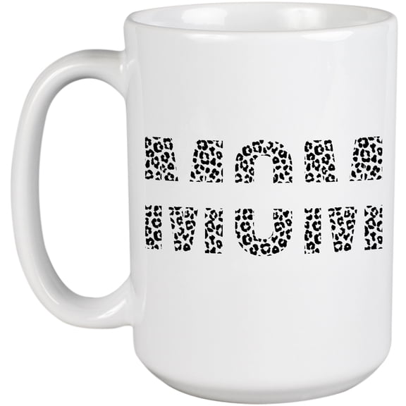 Mom Word with Leopard Print Art, Mother's Day Merch Gift, White 15oz Ceramic Mug